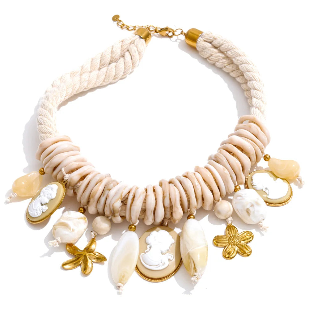 Braided Rope Resin Portrait Charm Necklace – Waterproof 18K Gold Plated Necklace | Ezra Gems