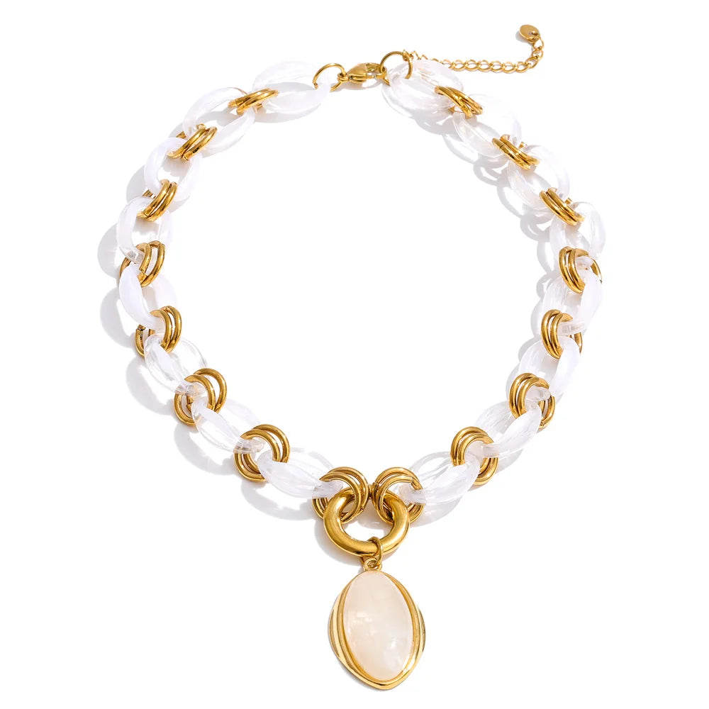 Resin Oval Pendant Chain Necklace – Waterproof 18K Gold Plated Necklace | Ezra Gems