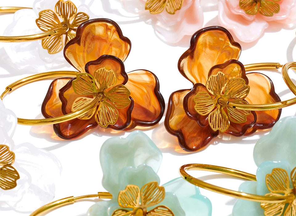 Resin Flower Charm Hoop Earrings – Waterproof 18K Gold Plated Earrings | Ezra Gems