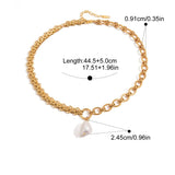 Gold chain necklace with pearl pendant and measurement details on a white background