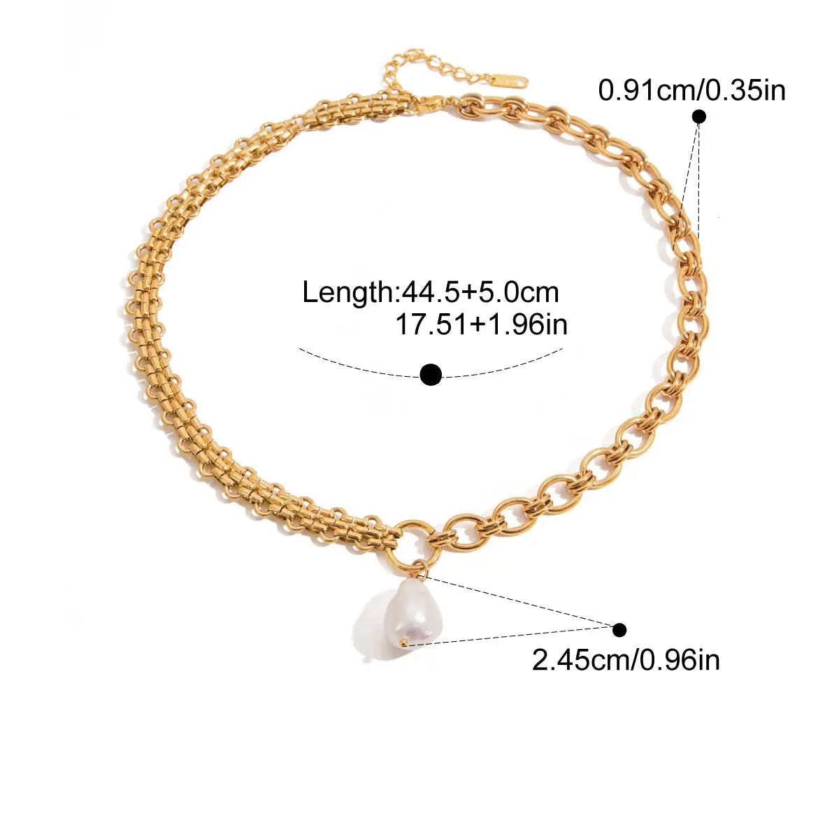 Gold chain necklace with pearl pendant and measurement details on a white background