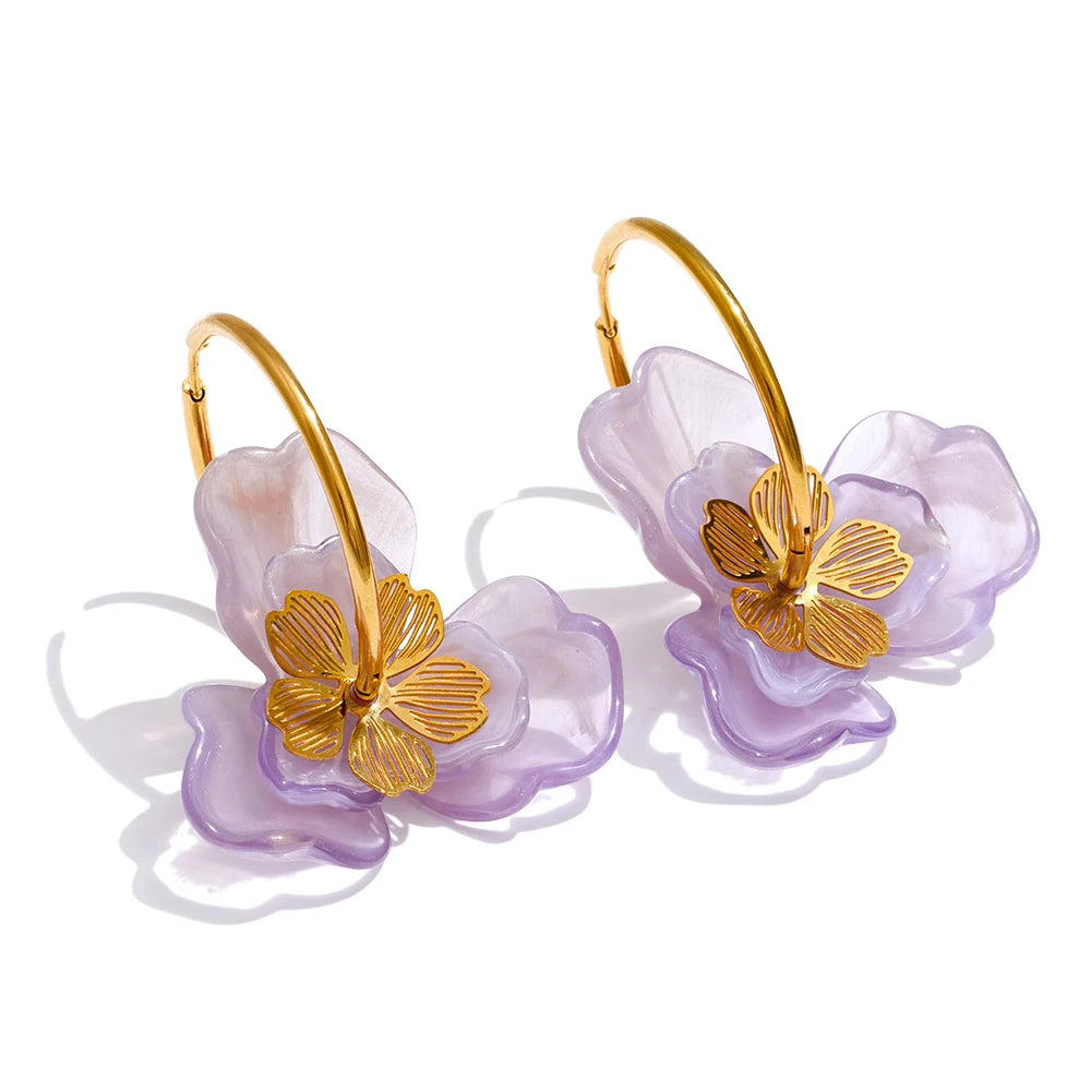 Resin Flower Charm Hoop Earrings – Waterproof 18K Gold Plated Earrings | Ezra Gems