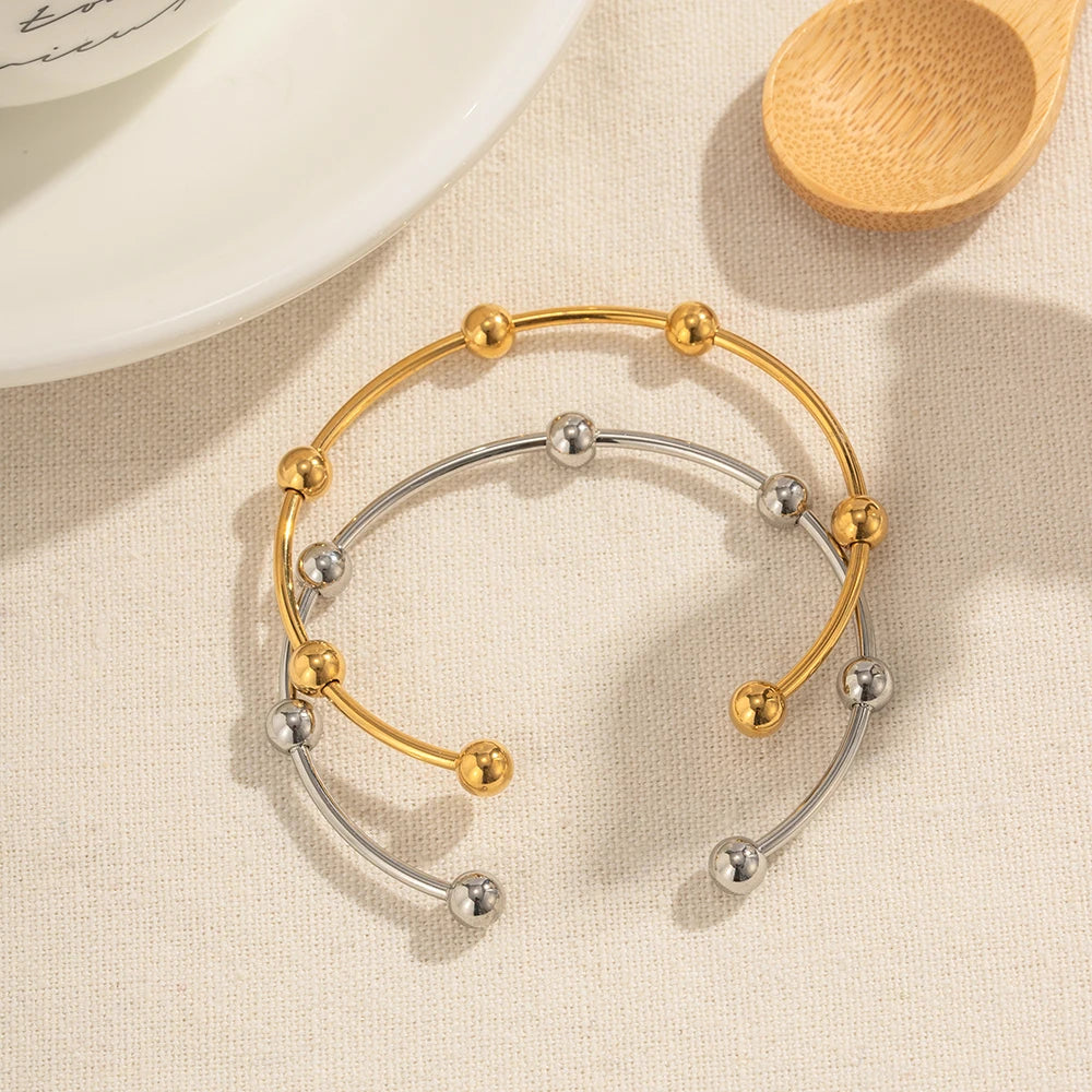 Slim Steel Bead Open Cuff Bracelet – Waterproof 18K Gold Plated Bracelet | Ezra Gems