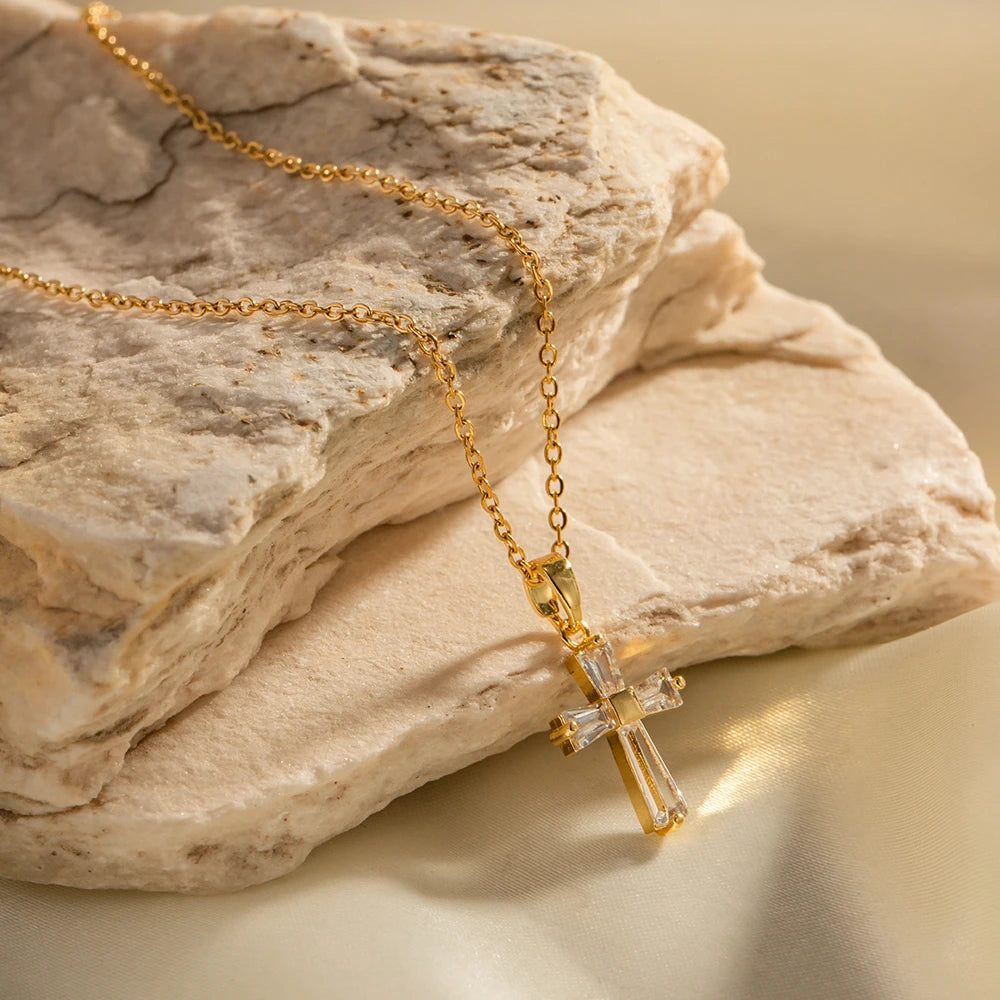 Baguette Zircon Cross Pendant Necklace – Waterproof 18K Gold Plated Necklace | Ezra Gems