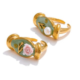 Green Enamel Pearl Flower Ring