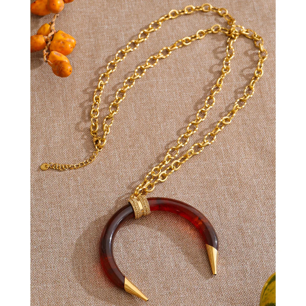 Resin Horn Pendant Long Necklace – Waterproof 18K Gold Plated Necklace | Ezra Gems