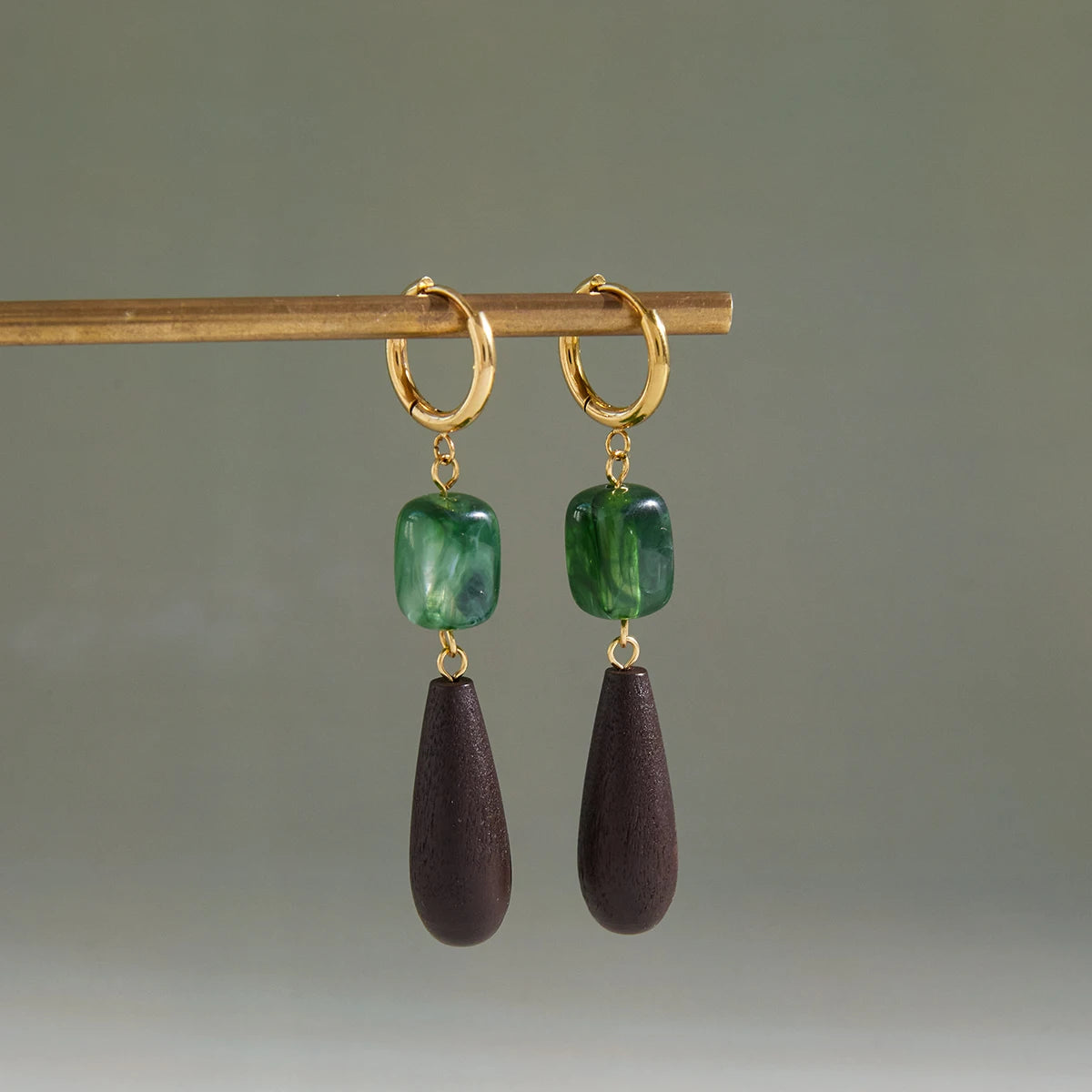 Wooden Water Drop Resin Earrings – Waterproof 18K Gold Plated Earrings | Ezra Gems