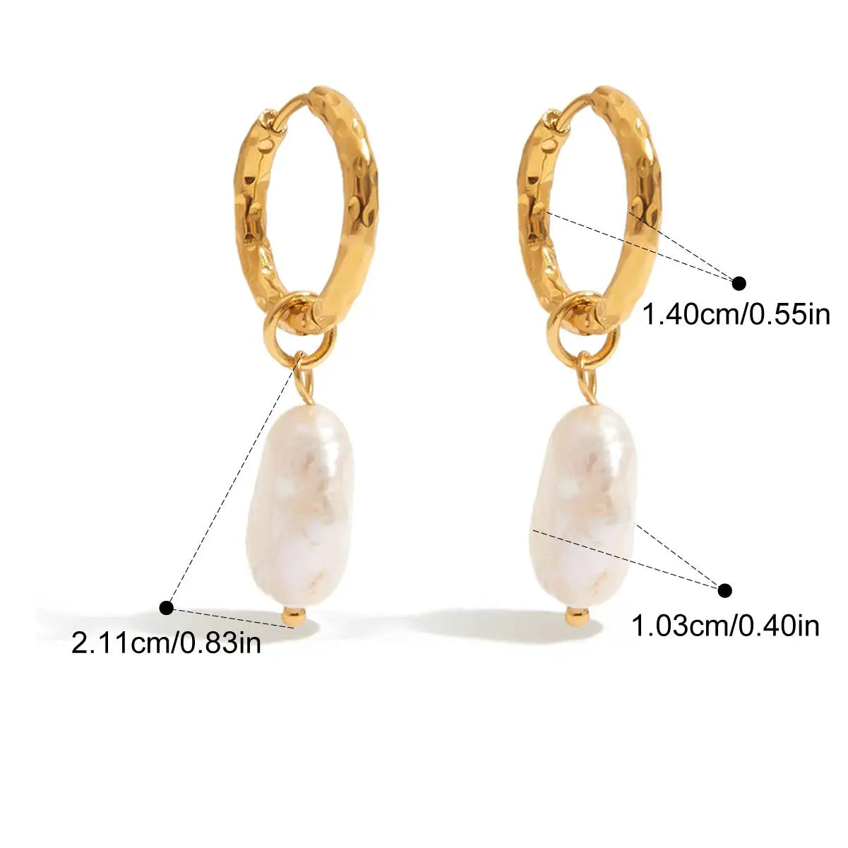 Gold hoop earrings with pearl drops, showing measurements and product details.