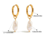 Gold hoop earrings with pearl drops, showing measurements and product details.