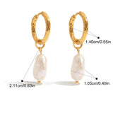 Gold hoop earrings with pearl drops, showing measurements and product details.