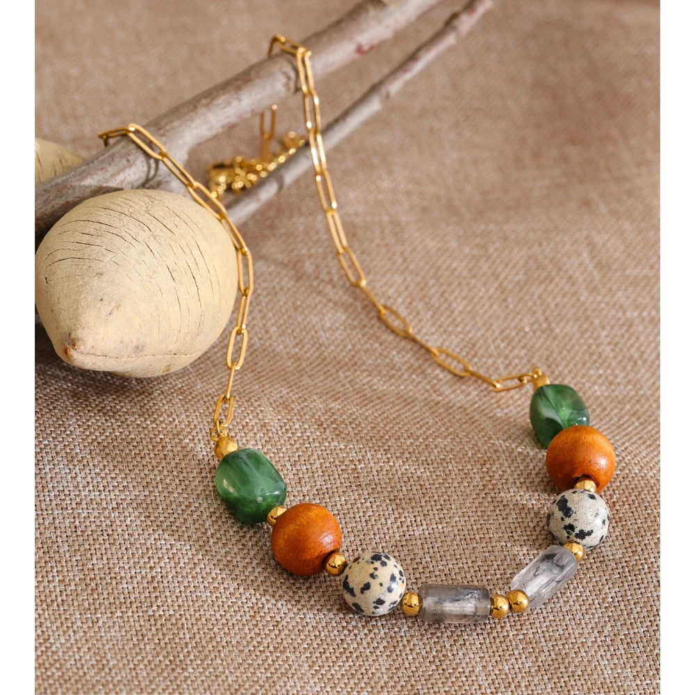 Natural Stone Resin & Wood Bead Necklace