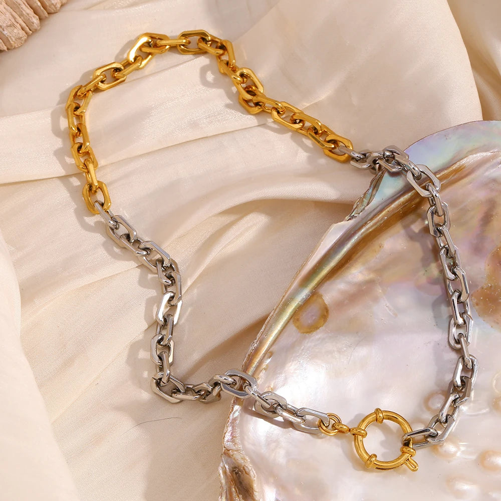 Two-Tone Spring Buckle Chain Necklace – Waterproof 18K Gold Plated Necklace | Ezra Gems
