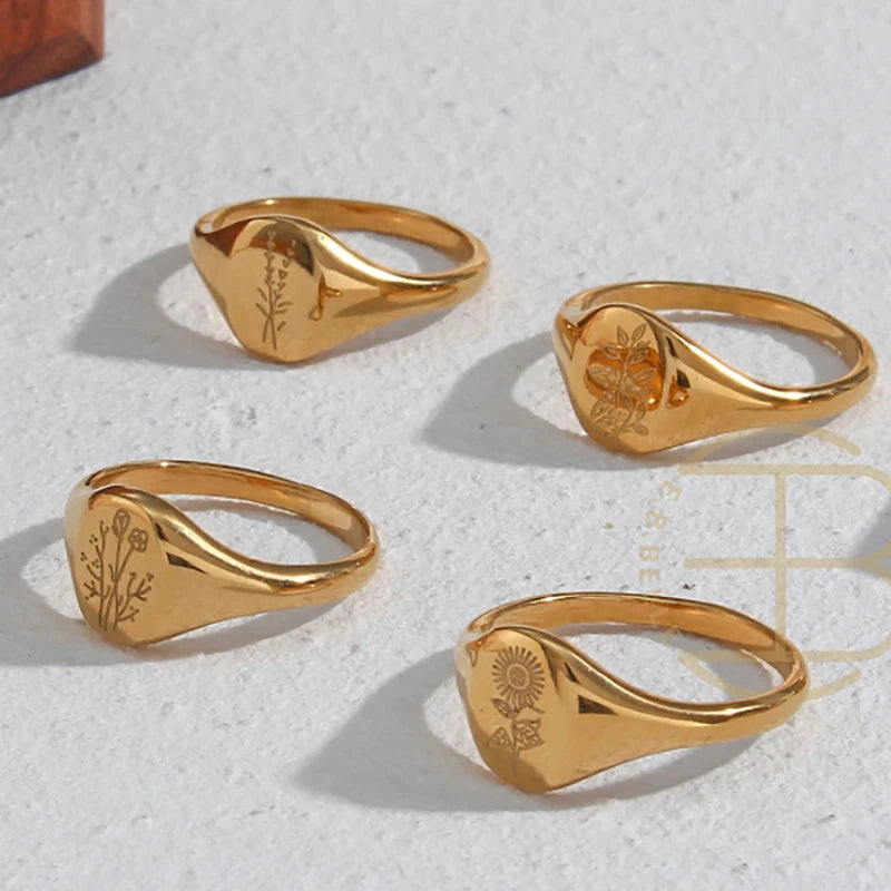 Engraved Wildflower Signet Ring – Waterproof 18K Gold Plated Ring | Ezra Gems
