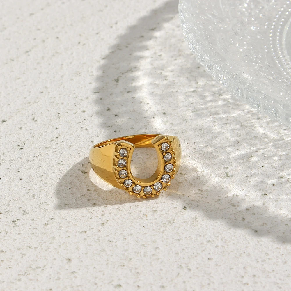 Crystal Pave U Initial Ring – Waterproof 18K Gold Plated Ring | Ezra Gems