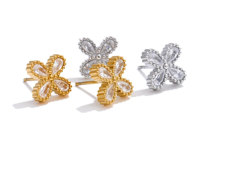 Cubic Zirconia Flower Stud Earrings – Waterproof 18K Gold Plated Earrings | Ezra Gems