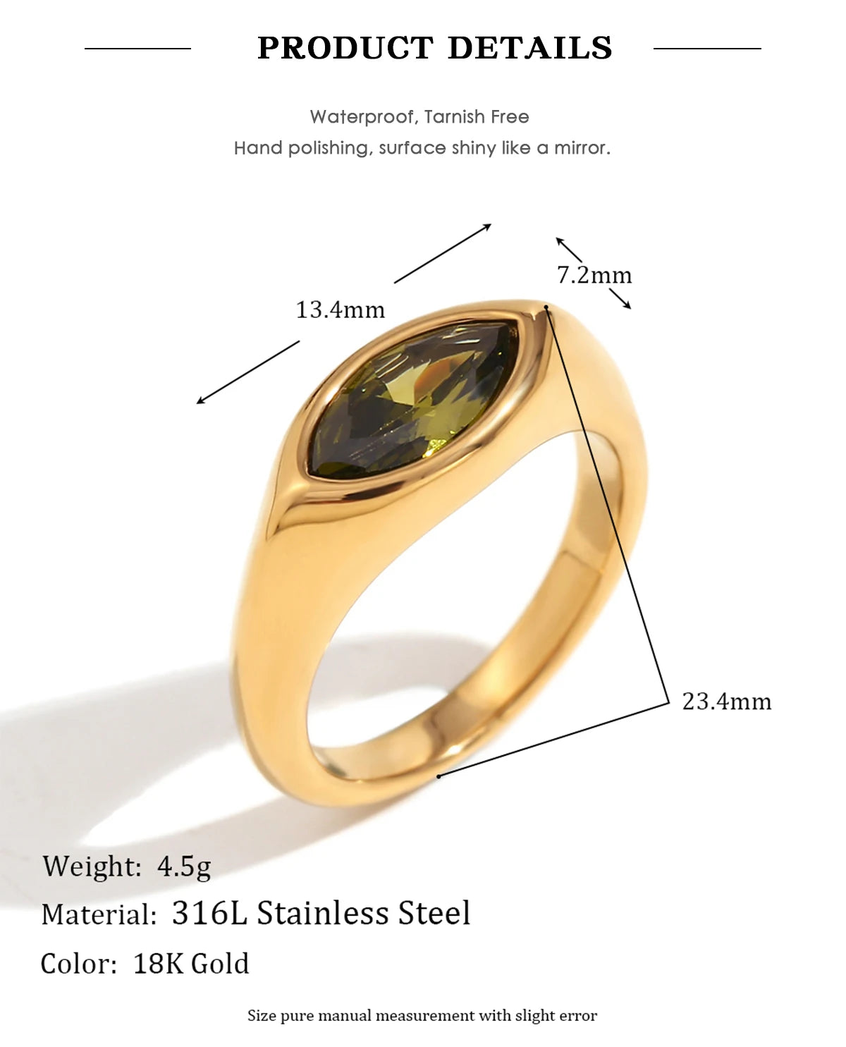 Horse Eye Zircon Signet Ring – Waterproof 18K Gold Plated Ring | Ezra Gems