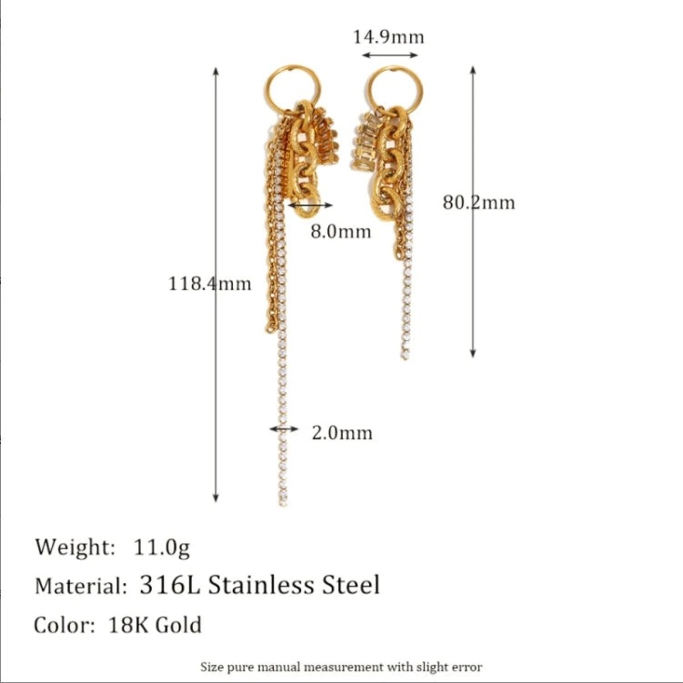 Zircon Chain Tassel Earrings – Waterproof 18K Gold Plated Earrings | Ezra Gems