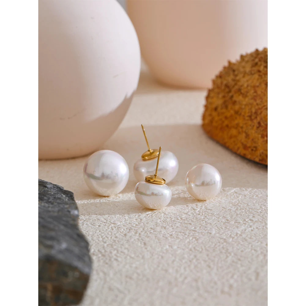 Simulated Pearl Round Stud Earrings – Waterproof 18K Gold Plated Earrings | Ezra Gems