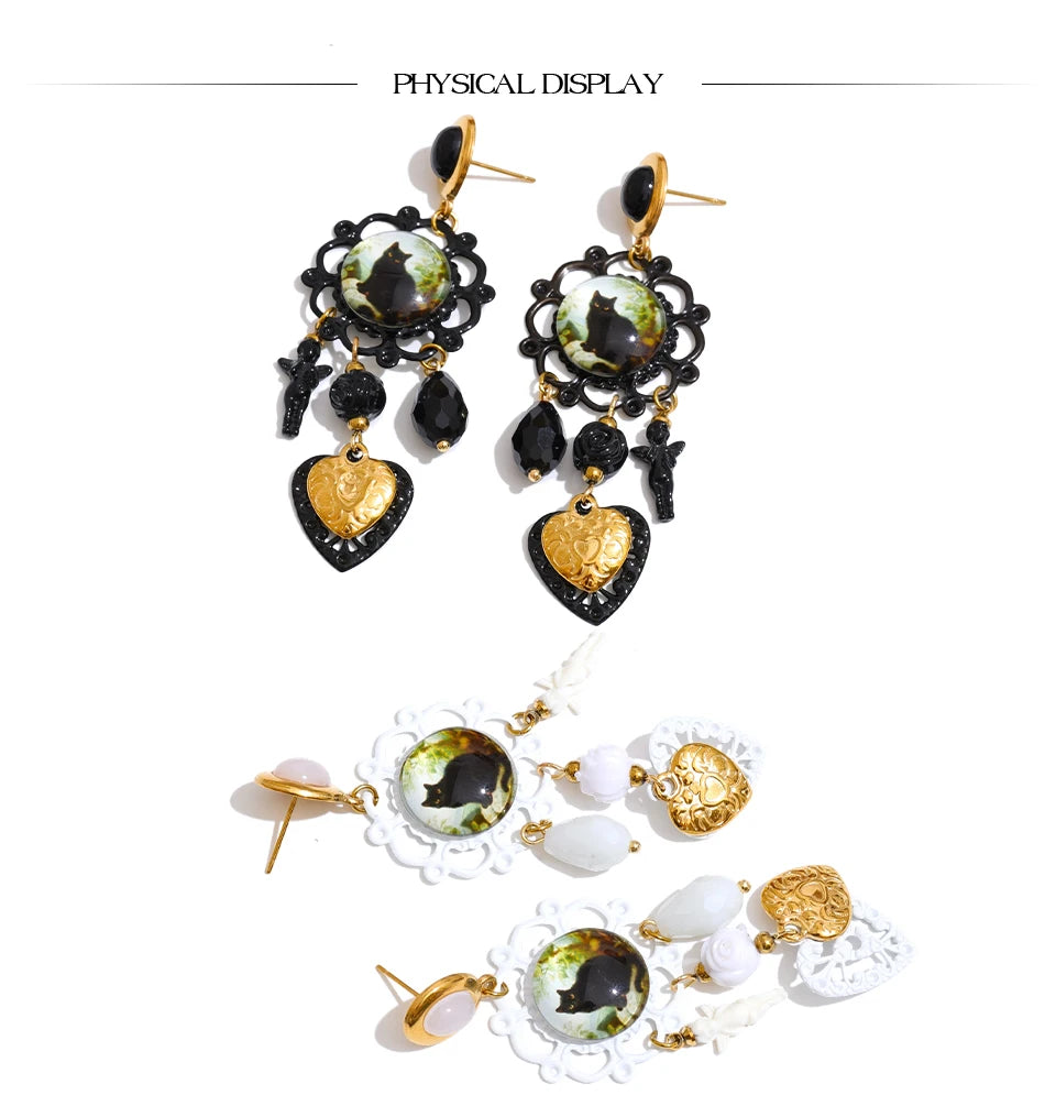 Acrylic Crystal Cat Heart Drop Earrings – Waterproof 18K Gold Plated Earrings | Ezra Gems