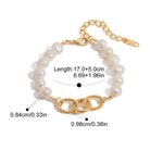 Pearl bracelet with gold chain and measurements on a white background