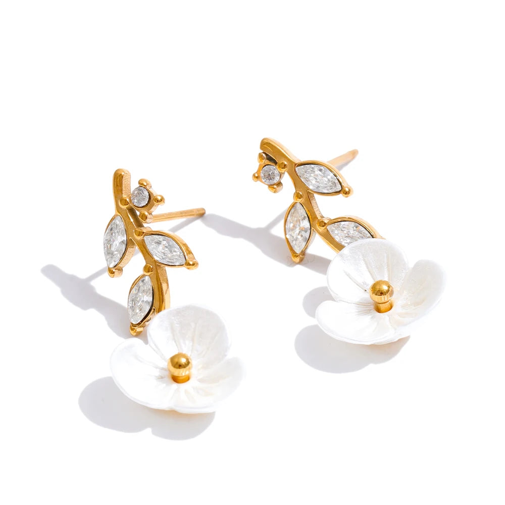 Zirconia Resin Leaf Flower Stud Earrings – Waterproof 18K Gold Plated Earrings | Ezra Gems