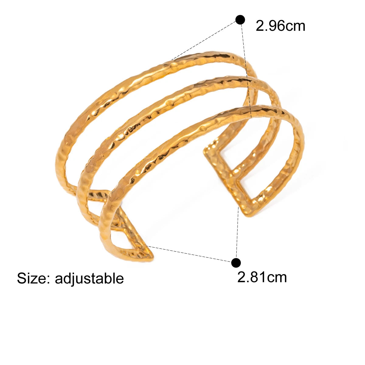 Gold bracelet with measurements and product details on a white background