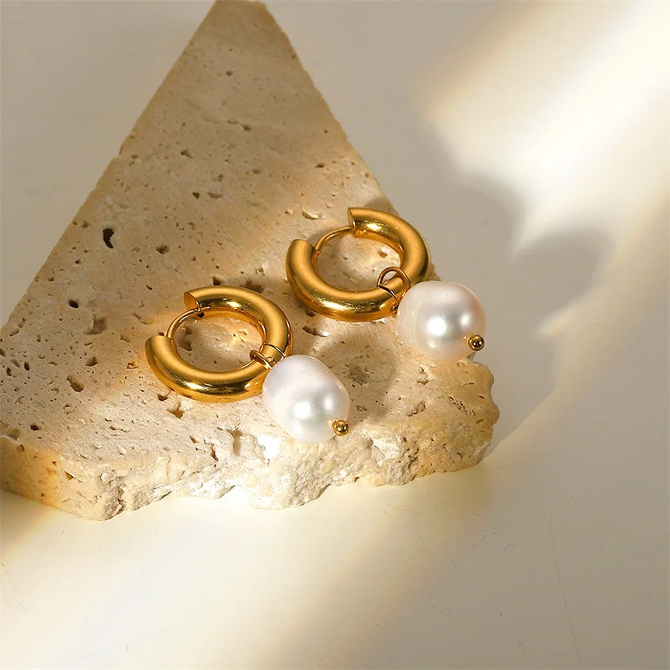 Single Pearl Drop Chain Earrings – Waterproof 18K Gold Plated Earrings | Ezra Gems