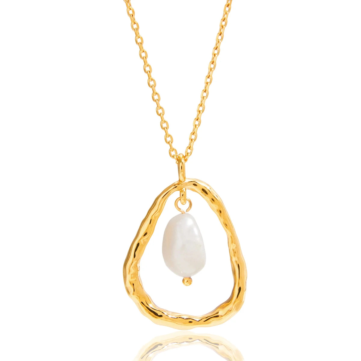 Gold necklace with a pendant featuring a pearl on a white background