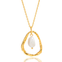 Gold necklace with a pendant featuring a pearl on a white background