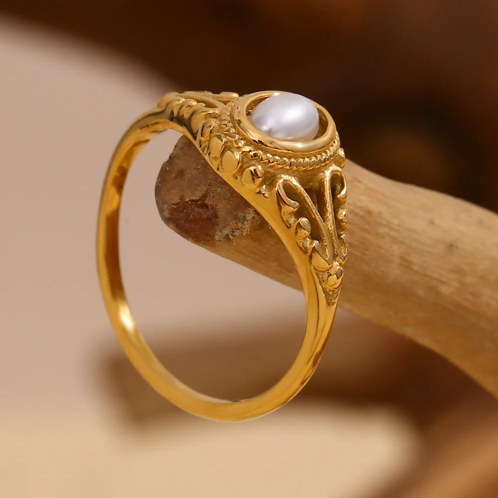 Hollow Texture Pearl Band Ring – Waterproof 18K Gold Plated Ring | Ezra Gems