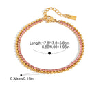 Gold bracelet with pink stones on a white background, showing measurements and material details.