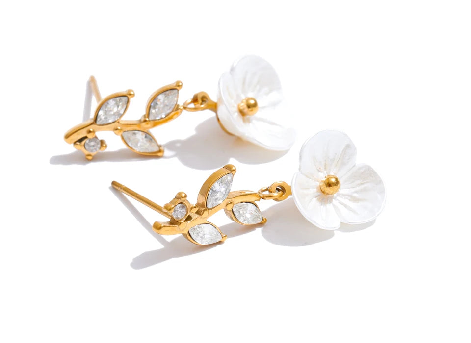 Zirconia Resin Leaf Flower Stud Earrings – Waterproof 18K Gold Plated Earrings | Ezra Gems