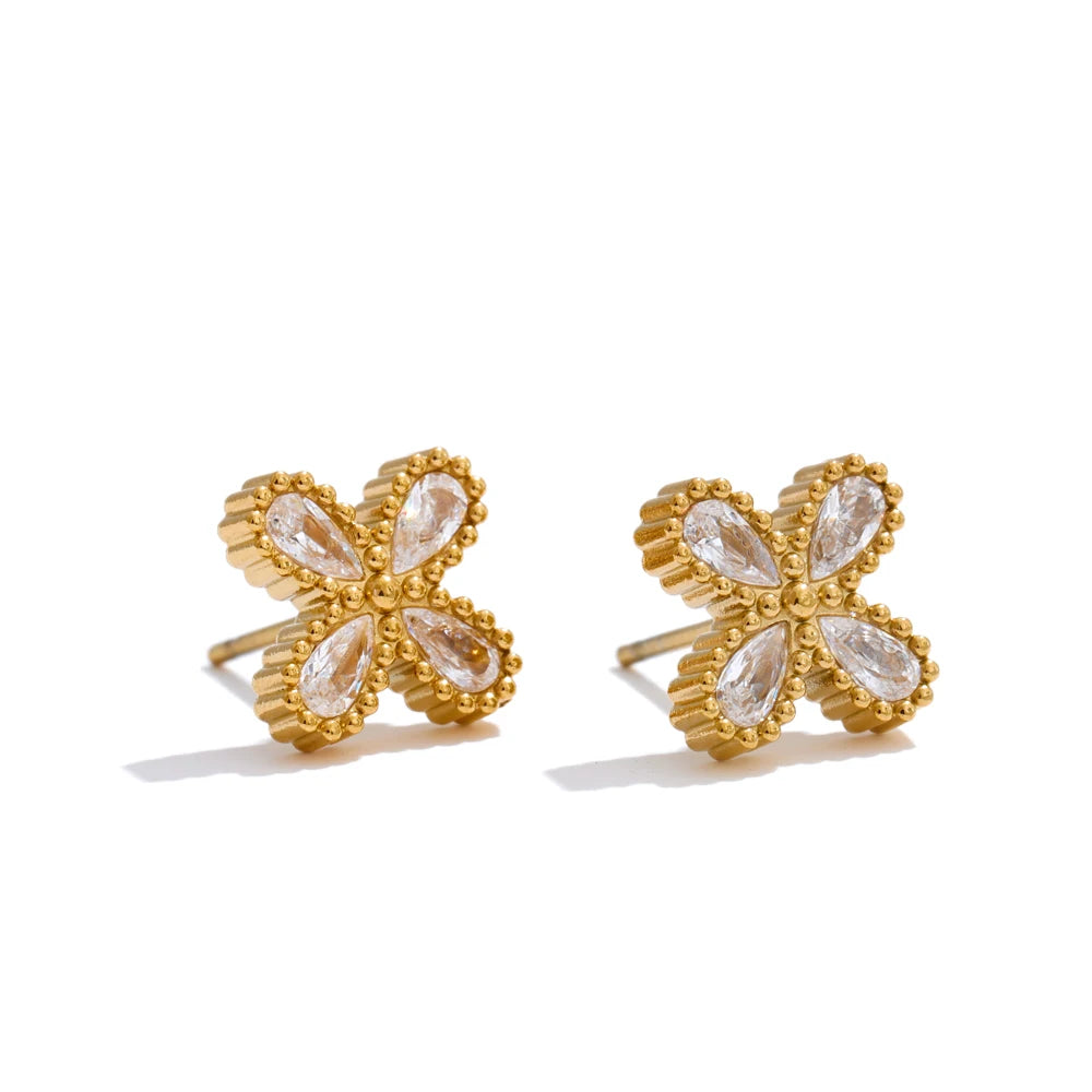 Cubic Zirconia Flower Stud Earrings – Waterproof 18K Gold Plated Earrings | Ezra Gems