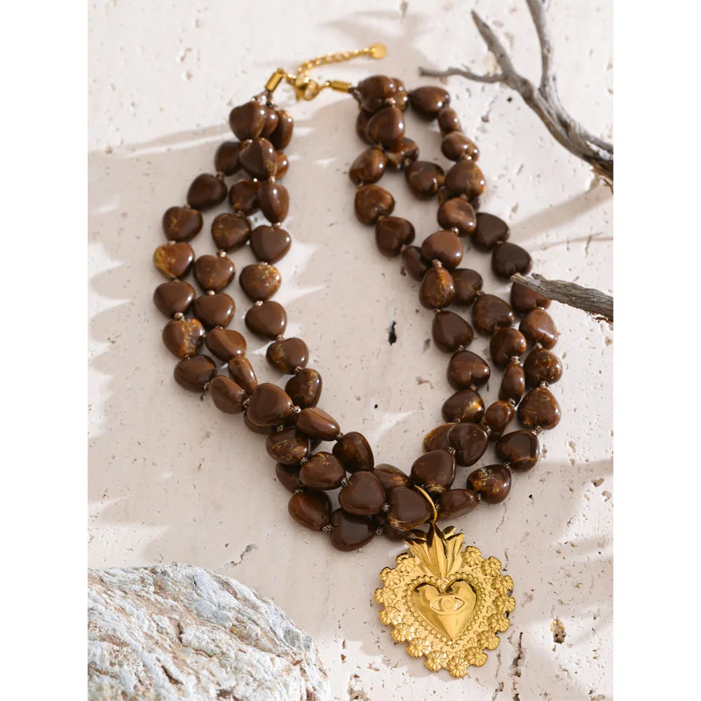 Acrylic Bead Heart Pendant Necklace – Waterproof 18K Gold Plated Necklace | Ezra Gems