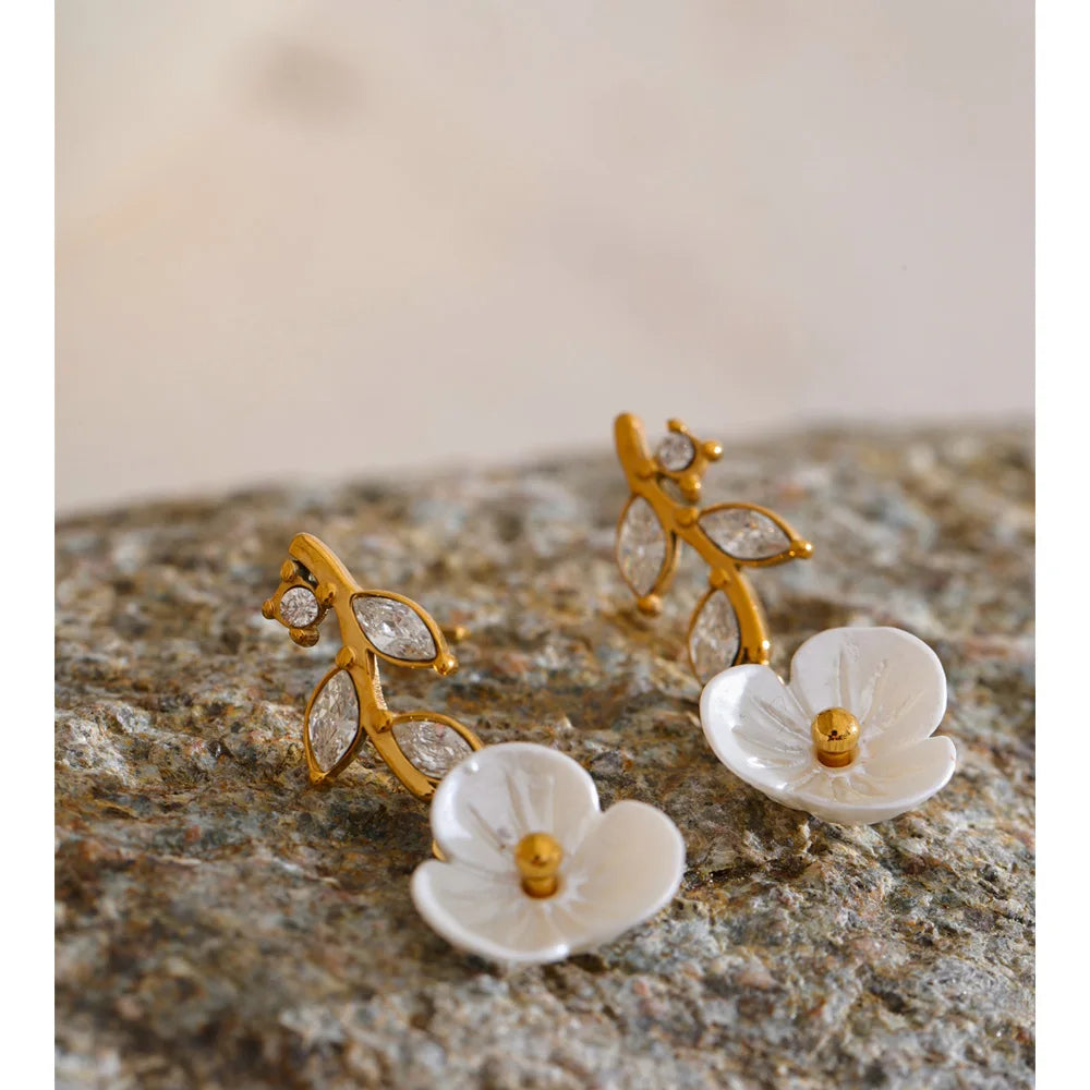 Zirconia Resin Leaf Flower Stud Earrings – Waterproof 18K Gold Plated Earrings | Ezra Gems