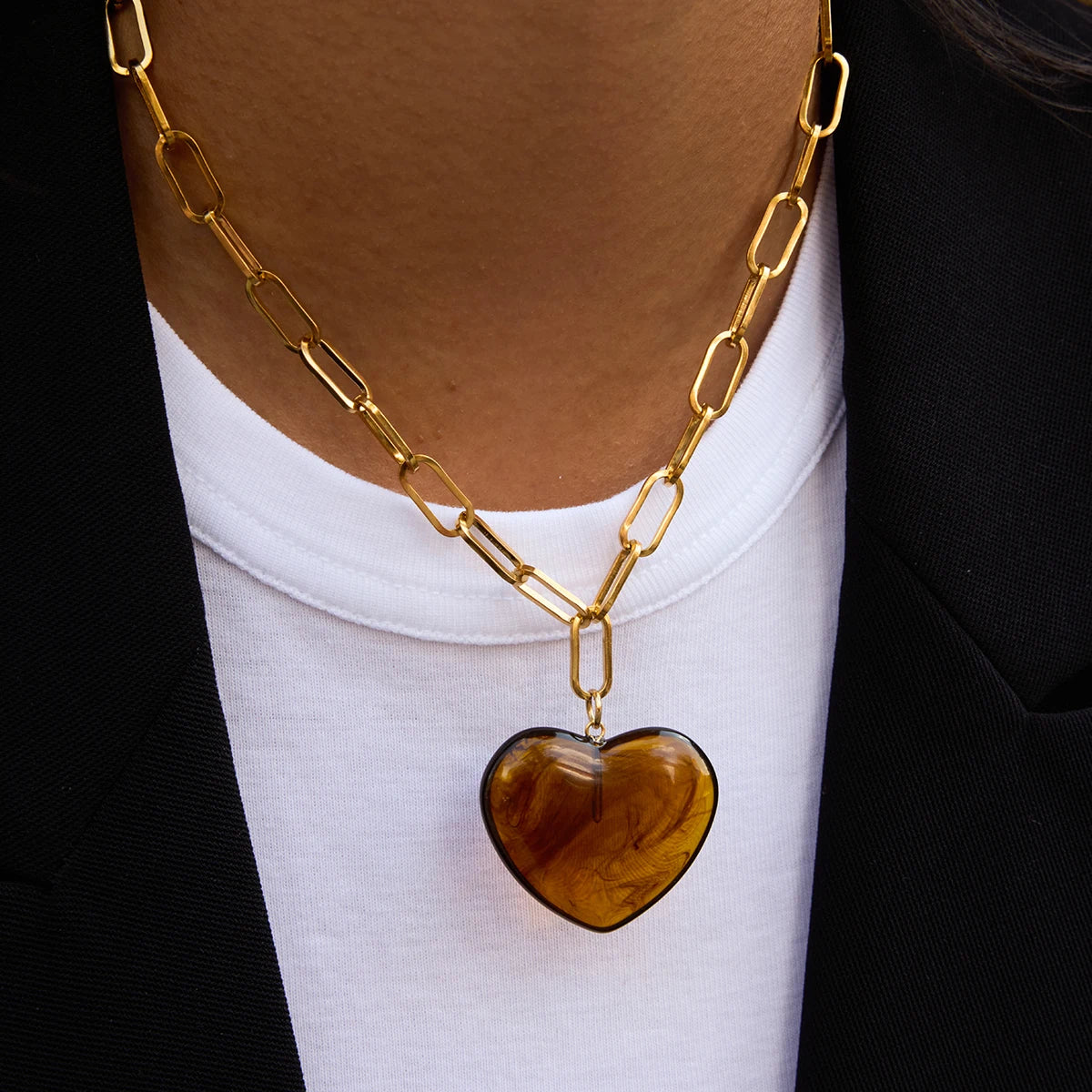 Vintage Resin Heart Pendant Necklace – Waterproof 18K Gold Plated Necklace | Ezra Gems
