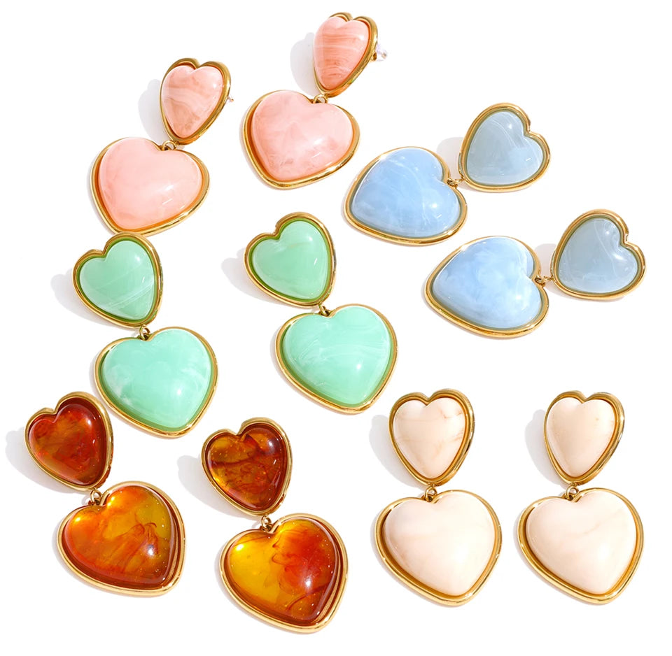 Sweet Acrylic Resin Heart Drop Earrings – Waterproof 18K Gold Plated Earrings | Ezra Gems