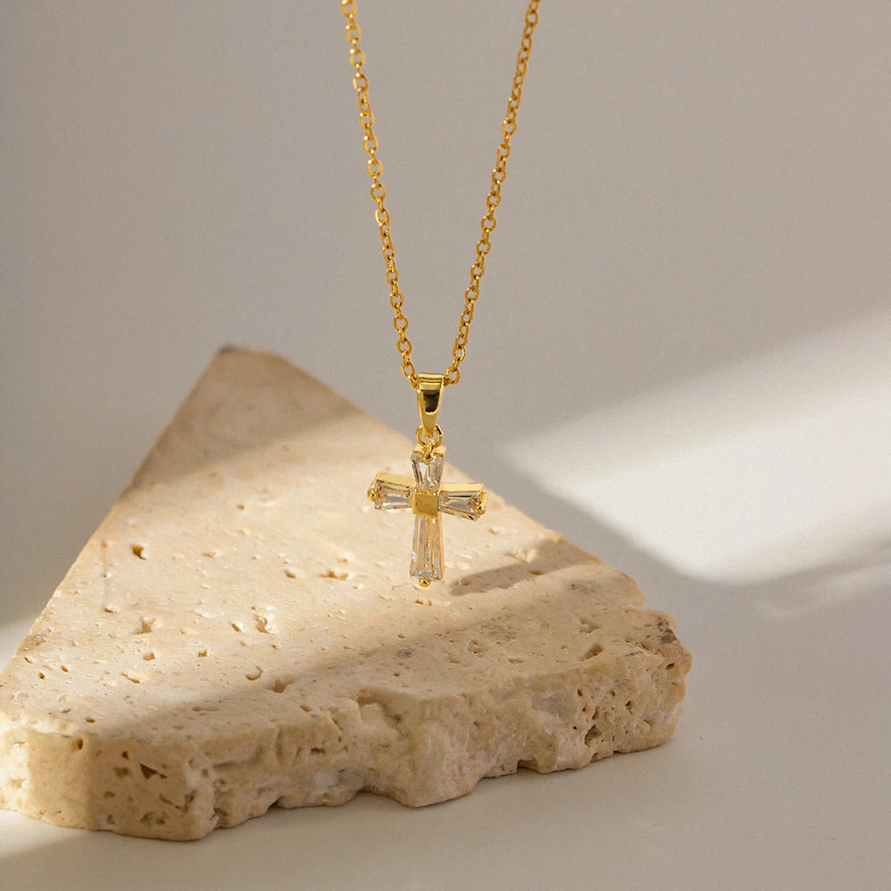 Baguette Zircon Cross Pendant Necklace – Waterproof 18K Gold Plated Necklace | Ezra Gems