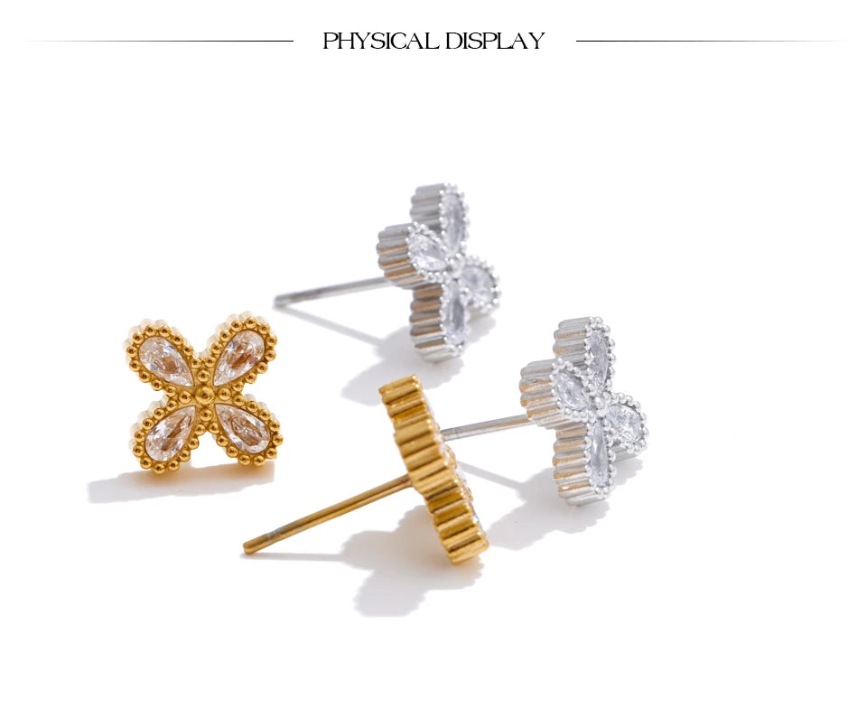 Cubic Zirconia Flower Stud Earrings – Waterproof 18K Gold Plated Earrings | Ezra Gems