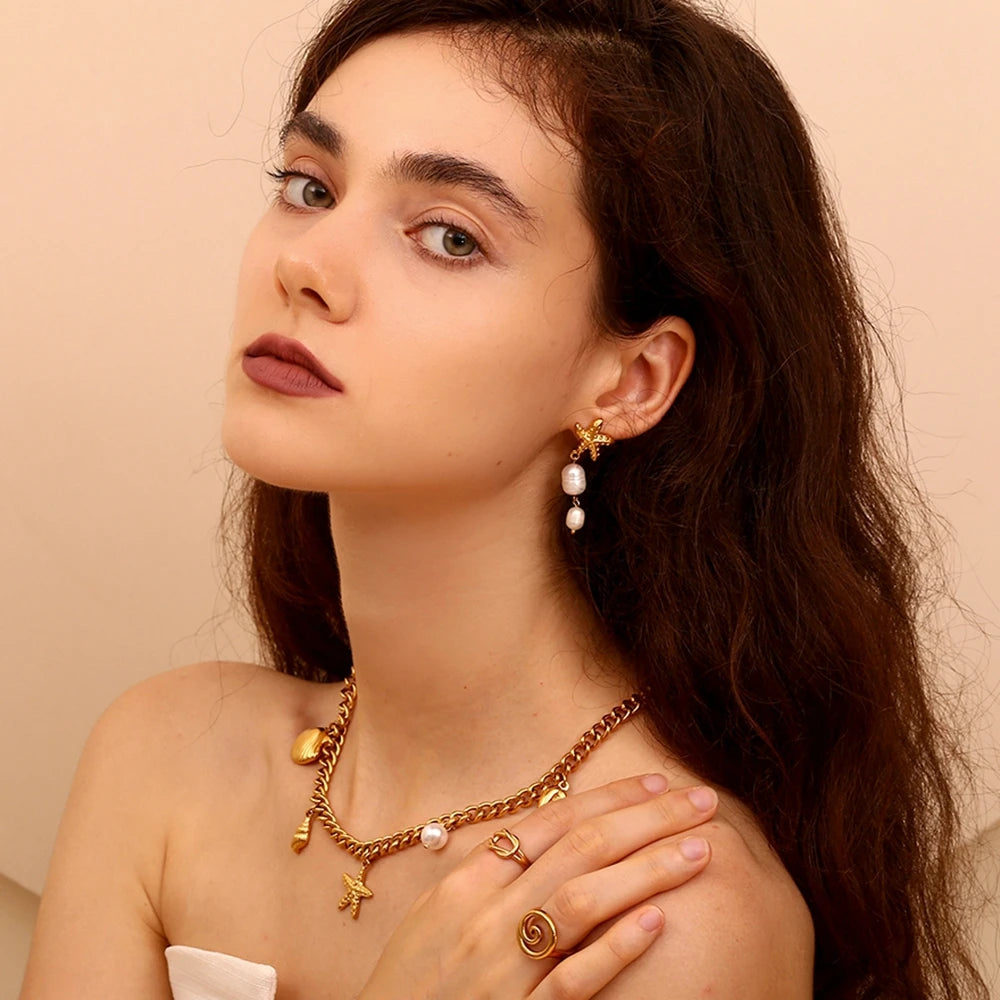 Starfish Shell Pearl Tassel Earrings – Waterproof 18K Gold Plated Earrings | Ezra Gems