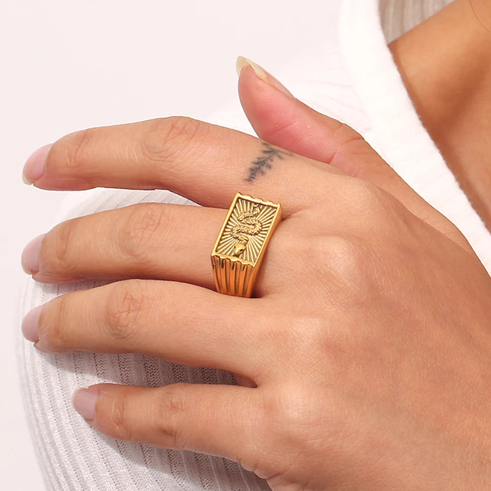 Snake Sunburst Signet Ring – Waterproof 18K Gold Plated Ring | Ezra Gems