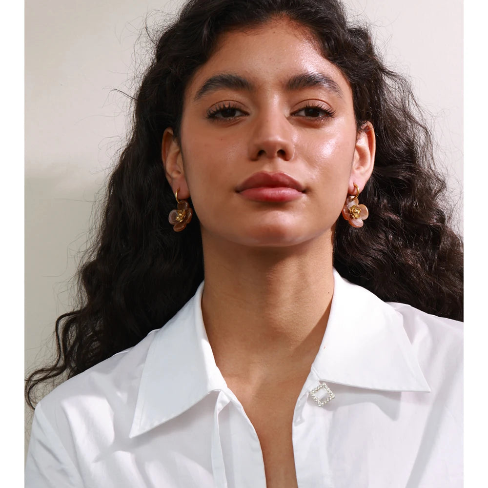 Resin Flower Drop Hoop Earrings – Waterproof 18K Gold Plated Earrings | Ezra Gems