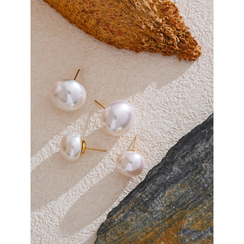 Simulated Pearl Round Stud Earrings – Waterproof 18K Gold Plated Earrings | Ezra Gems