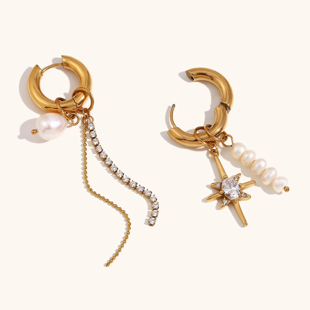 Asymmetric Pearl Charm Hoop Earrings – Waterproof 18K Gold Plated Earrings | Ezra Gems