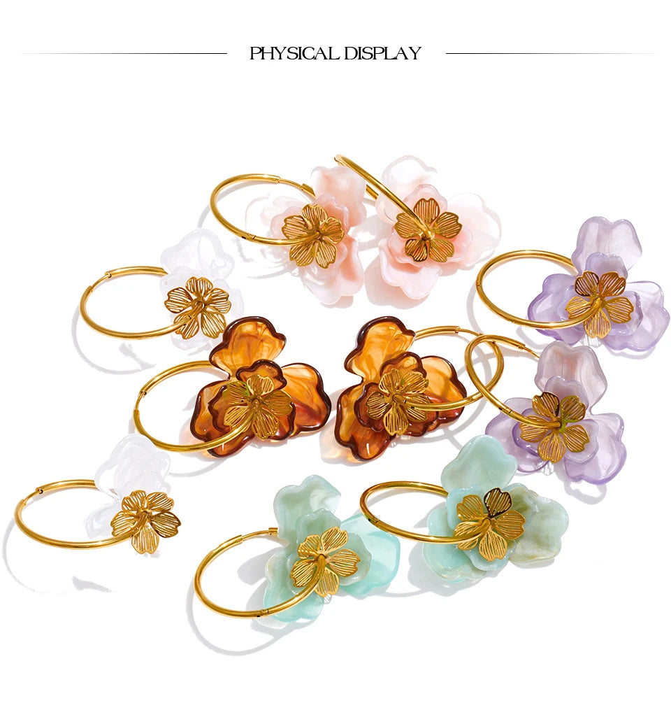 Resin Flower Charm Hoop Earrings – Waterproof 18K Gold Plated Earrings | Ezra Gems