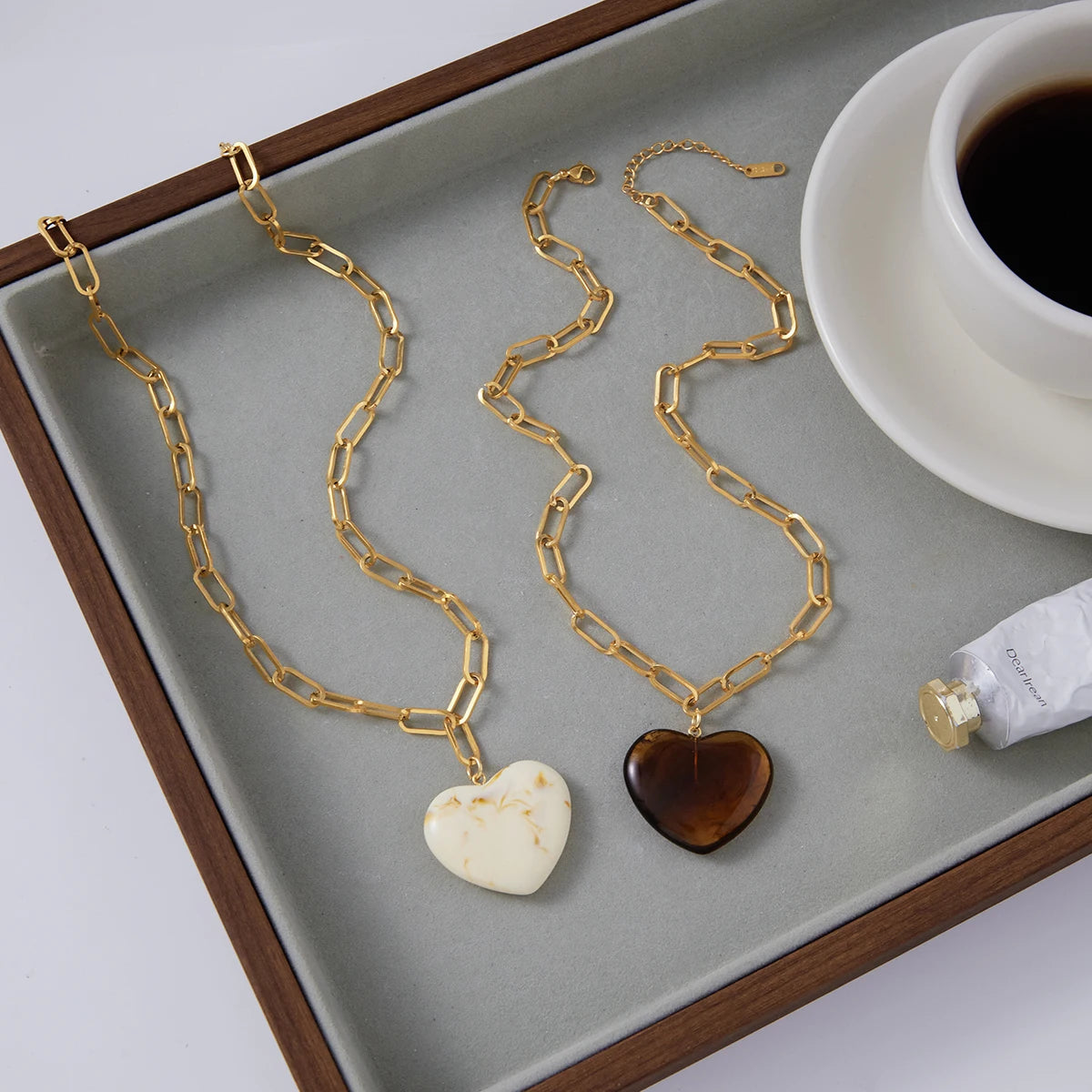 Vintage Resin Heart Pendant Necklace – Waterproof 18K Gold Plated Necklace | Ezra Gems