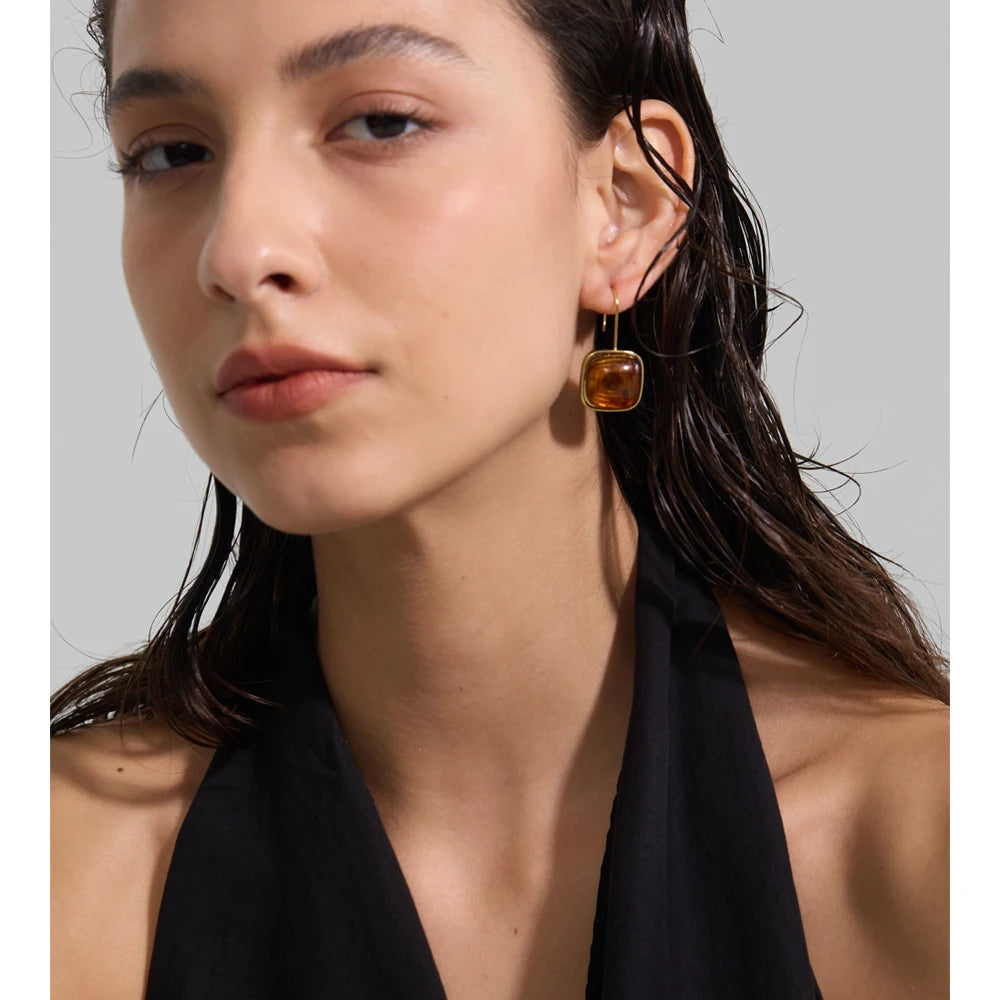 Amber Resin Square Drop Earrings – Waterproof 18K Gold Plated Earrings | Ezra Gems