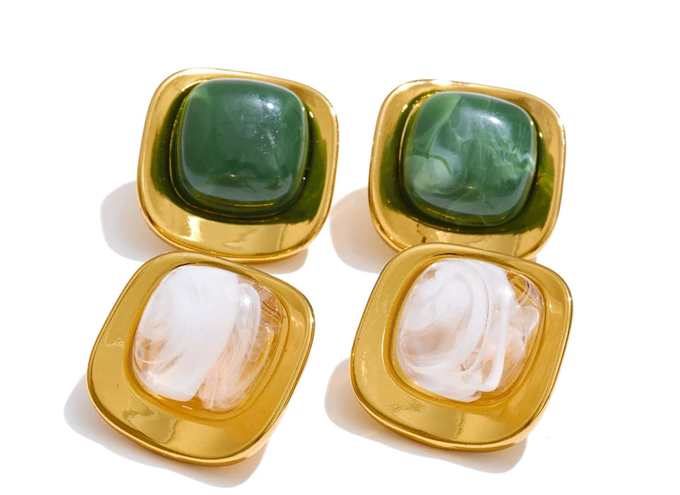 Glossy Resin Square Stud Earrings – Waterproof 18K Gold Plated Earrings | Ezra Gems