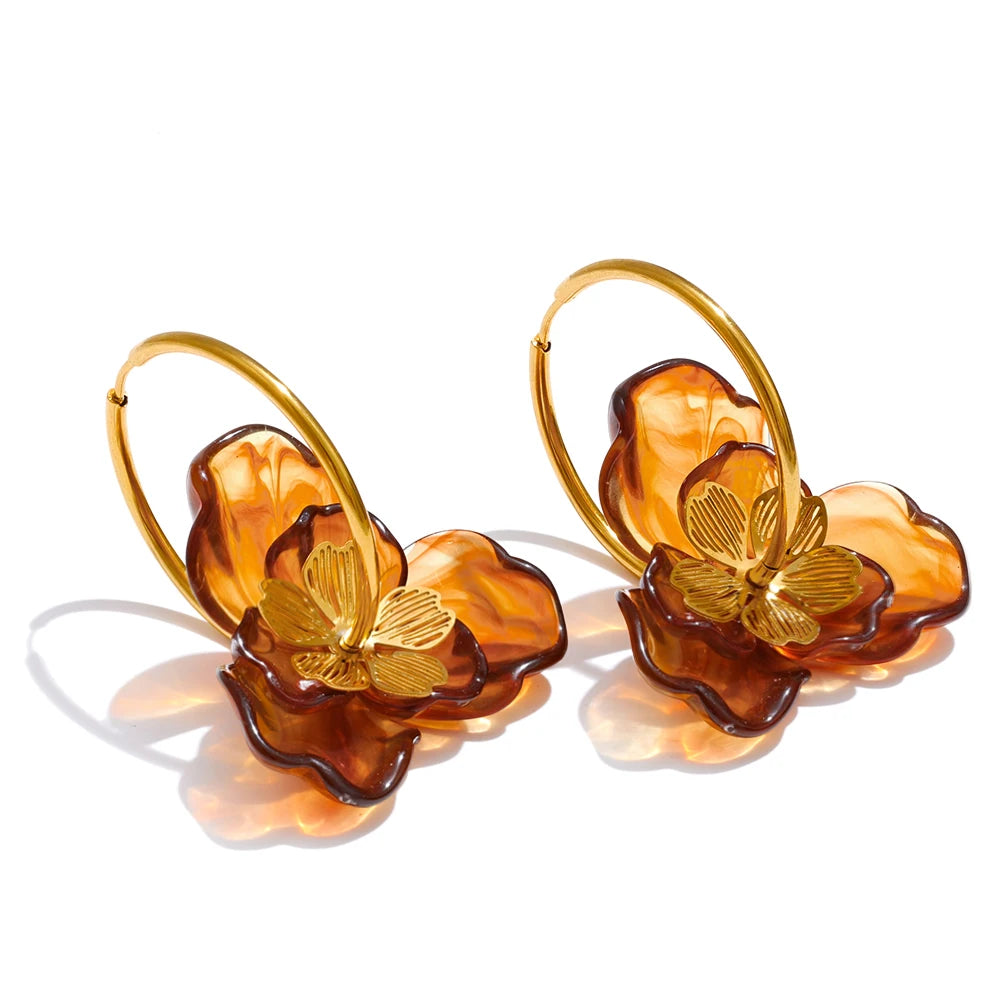 Resin Flower Charm Hoop Earrings – Waterproof 18K Gold Plated Earrings | Ezra Gems