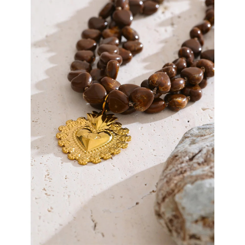 Acrylic Bead Heart Pendant Necklace – Waterproof 18K Gold Plated Necklace | Ezra Gems